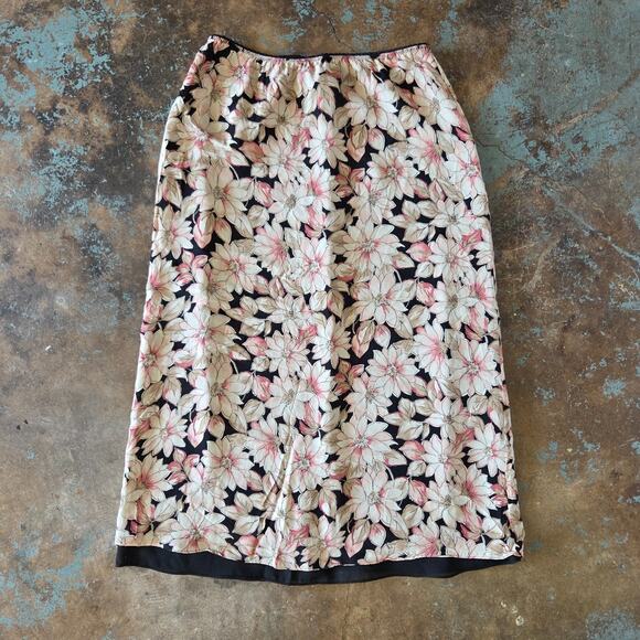 Vintage 90s Silk Floral Midi Skirt Size L 12P Pink Black Layered Grunge Whimsy - Picture 1 of 6